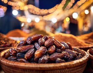 close up of fresh dates at market with soft blurry bustling Ramadan market with vendors 