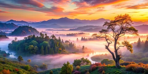 Obraz premium Serene Sunrise Over Misty Mountain Valley, Majestic Tree Silhouetted Against a Vibrant Sky