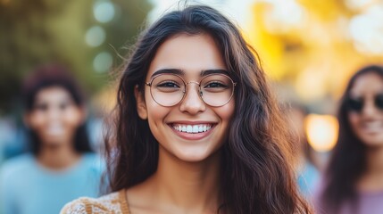 Obraz premium Young woman with long hair and glasses smiling outdoors.
