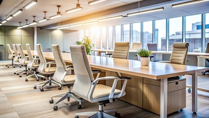 Abstract Corporate Office Space: Soft Focus Desks & Chairs in Neutral Tones