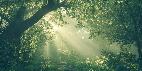A beautiful nature background featuring a lush green forest with soft sunlight filtering through the trees.
