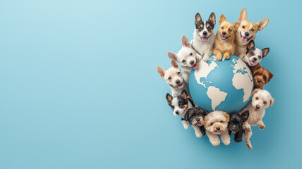 Happy dogs surrounding globe, symbolizing global friendship and joy, World spay day concept
