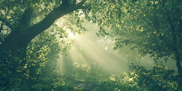 A beautiful nature background featuring a lush green forest with soft sunlight filtering through the trees.