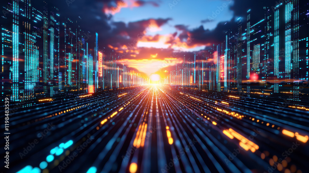 Poster vibrant digital landscape with glowing lines converging towards sunset, creating futuristic atmosphe