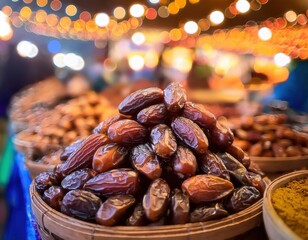 close up of fresh dates at market with soft blurry bustling Ramadan market with vendors 