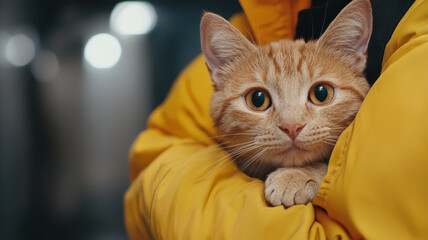 gentle orange cat being cradled in warm yellow jacket, evoking comfort, World spay day concept