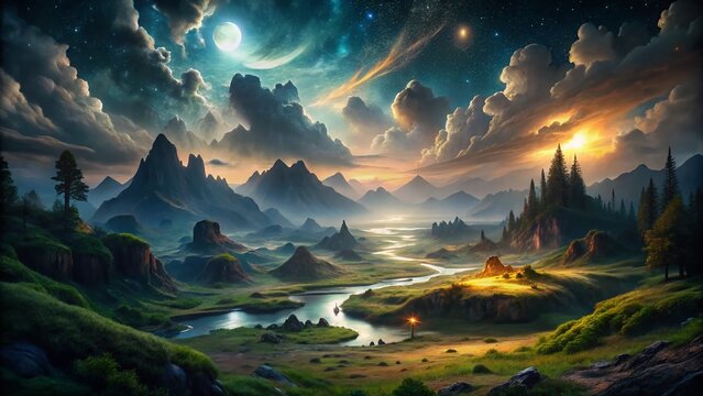 Abstract Fantasy Landscape: Low Light Night Scene, 9x16 Ratio, Design Background