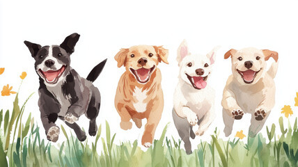 Happy dogs running in field of flowers, showcasing joy and playfulness, World spay day concept