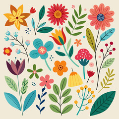 A large assortment of colorful, stylized flowers, leaves, and branches in a flat, cartoonish style