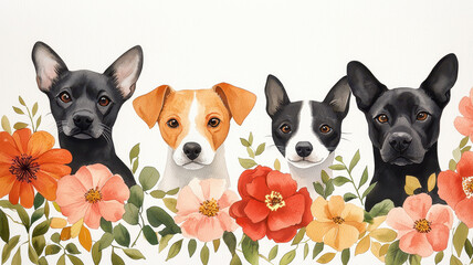 Watercolor painting of dogs surrounded by colorful flowers, showcasing their charm, World spay day concept