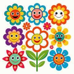 A collection of colorful, retro-style flower power icons with smiling faces with white background