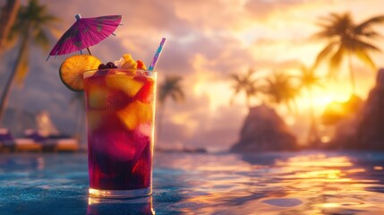 A single glass of a colorful summer cocktail, featuring vibrant layers of fruit juices and garnished with fresh fruit slices, a straw, and a decorative umbrella.
