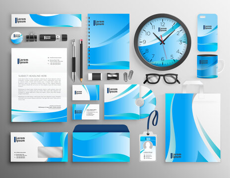 Brand Identity Mock-Up of stationery set with green and white abstract geometric design. Business office stationary mockup template of File folder, annual report, van car, brochure, corporate mug