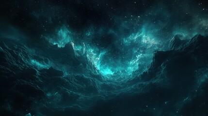 Fototapeta premium Majestic Teal Nebula with Starry Sky and Rocky Landscape in Deep Space.