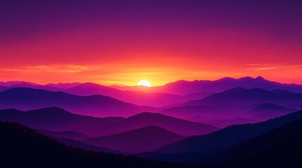 Obraz premium A tranquil sunset over mountains featuring rich purple and orange hues. Ideal for travel brochures, nature-themed decor, or contemplative art across seasons.