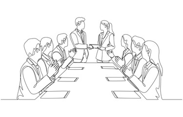 Continuous one line drawing of two business partners shaking hands while other colleagues applauding, success in signing business contract concept, single line art