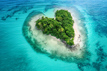 Small island with a heart shaped island in the middle of the ocean. The island is surrounded by water and has a lot of trees. The image has a peaceful and serene mood