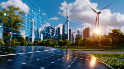 cinematic view of renewable energy plant featuring solar panels and wind turbines, showcasing sustainable future with vibrant city skyline in background