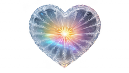 A magical ice crystal heart with a glowing aura, its core pulsating with soft rainbow waves, resting on a white transparent background PNG