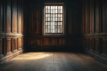 Fototapeta premium Sunlight illuminates an empty room with dark wood paneling and flooring.