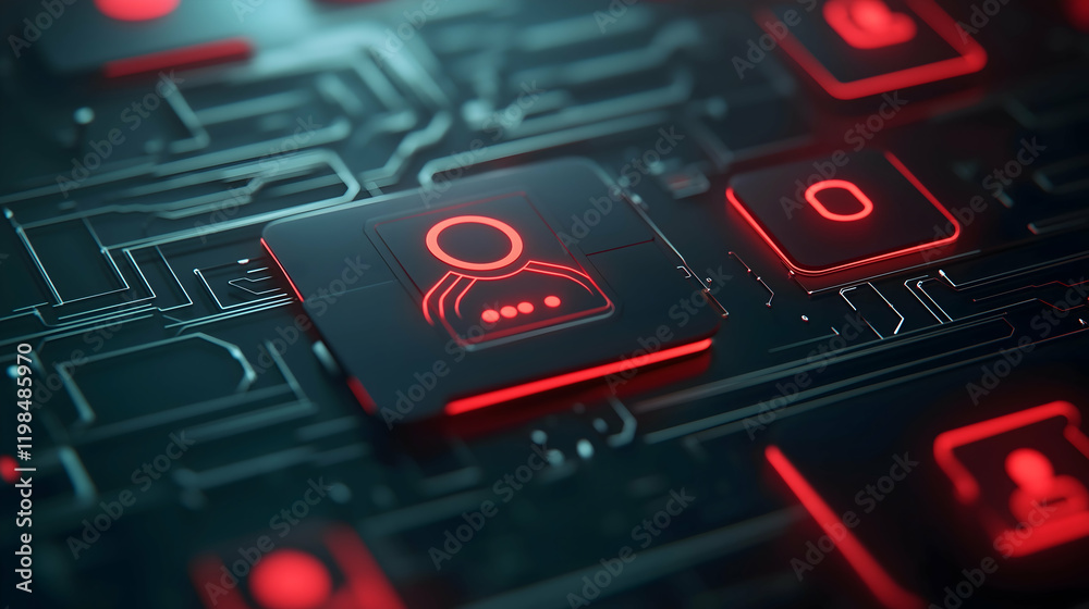 Poster a close-up of a digital interface featuring a glowing user icon among circuit patterns, representing