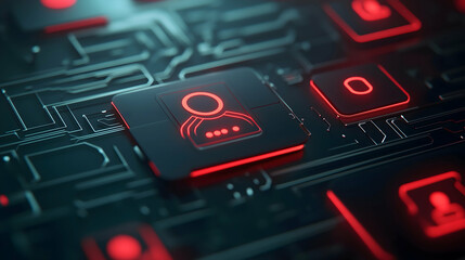 A close-up of a digital interface featuring a glowing user icon among circuit patterns, representing technology and connectivity.