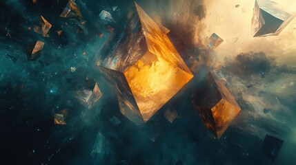 Abstract Geometric Cubes Floating in a Nebula of Golden and Turquoise Light.
