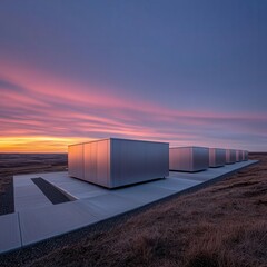 Fototapeta premium Modern minimalist architecture against a sunset coastal location landscape tranquil environment wide angle view serenity