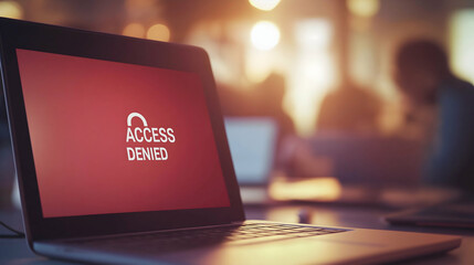 A laptop displays a red screen with the message "ACCESS DENIED," indicating restricted access or security issues in a blurred background environment.