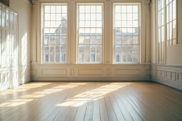 Sunlit empty room with large windows and hardwood floor. (3)