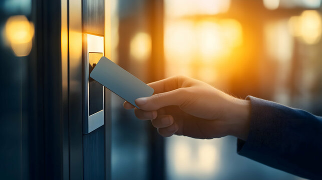 A hand holds a card, tapping a reader at sunset, symbolizing access and technology in a modern environment.
