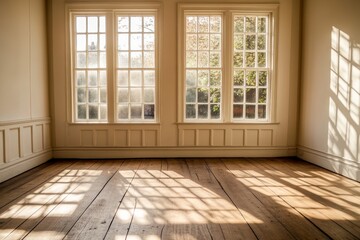 Sunlight streams through three large windows in an empty room with hardwood floors and white walls.
