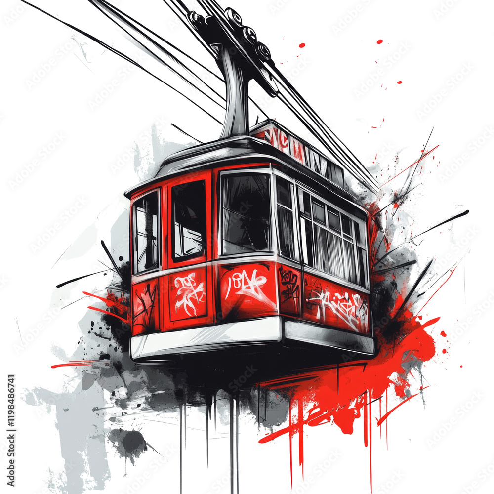 Aufkleber An abstract artistic representation of a red cable car adorned with graffiti, set against a dynamic backdrop of splashes and lines.