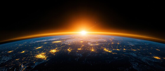 Obraz premium Beautiful planet Earth with city lights at night, sunrise over horizon.