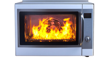 Microwave oven on fire, isolated on transparent background