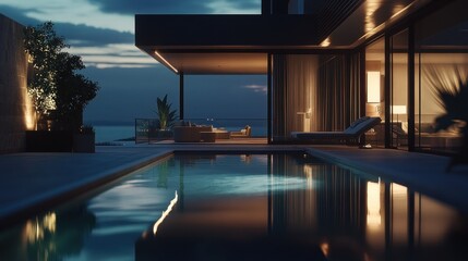 Fototapeta premium Nighttime Luxury Villa with Infinity Pool and Ocean View