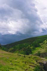 Dramatic view of Katu-Yaryk Pass in Altai with rugged cliffs, lush vegetation, and dark storm clouds rolling over the mountains. Nature, travel, and dramatic landscape photography