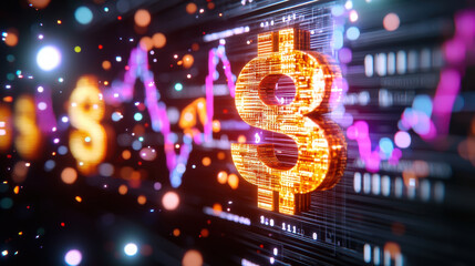 cinematic close up of digital currency analysis featuring glowing dollar sign amidst colorful data visualizations and graphs, representing financial trends and technology