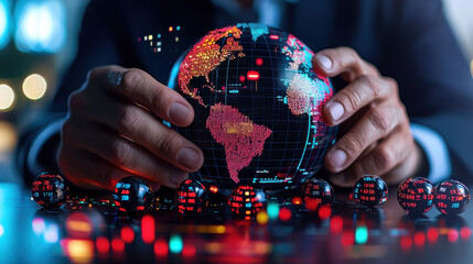 cinematic close up of global economic analytics, showcasing person holding digital globe surrounded by data visualizations and financial metrics, reflecting modern technology and analysis