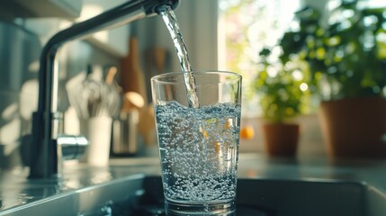 A glass of water sitting on a countertop with water flowing from a tap into it, capturing the moment as the water cascades smoothly into the glass.