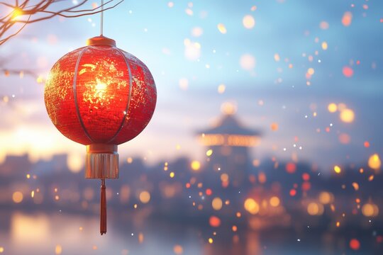 Chinese Lantern Hanging Against a Magical Sunset Cityscape