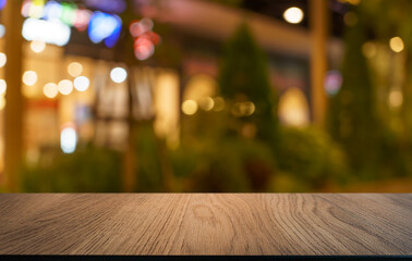 Empty wood table top and blur of restaurant background selective focus product display