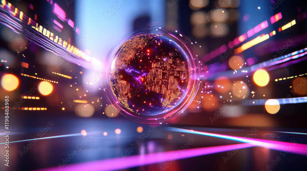 Poster futuristic hologram of glowing globe with vibrant lights and digital patterns, symbolizing global co
