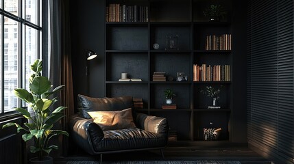 Industrial room interior idea. Cozy reading nook with a leather chair, bookshelves, and indoor plants in a dim environment.