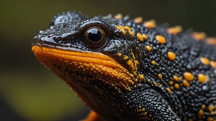 Close-Up of Great Crested Newt's Textured Skin and Vibrant Orange Belly