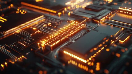Circuit Board with Orange Glowing Lights