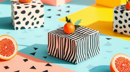 Colorful Gift Boxes with Fruit on Vibrant Backgrounds