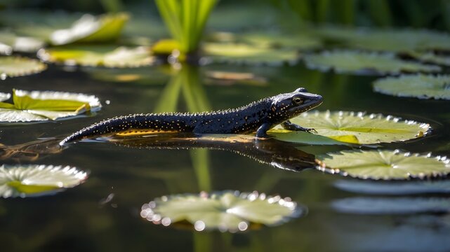 Clear Waters: Great Crested Newt Gliding Through the Pond