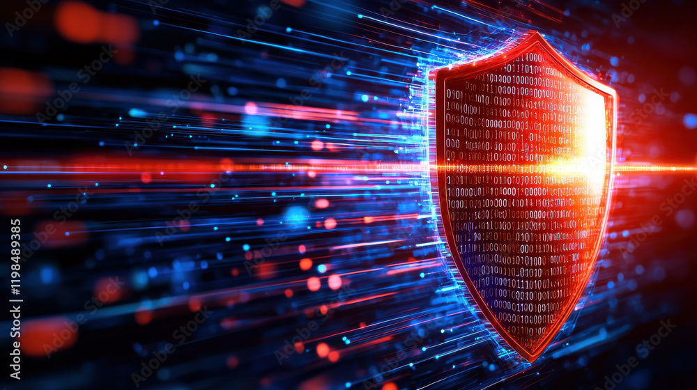 Poster digital shield encasing binary code, representing cybersecurity and protection. vibrant colors and dynamic lines convey sense of energy and security in digital realm