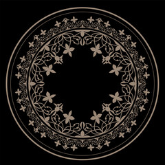 Oriental round floral ornament with arabesques and floral elements. Traditional classic round gold ornament. Vintage gold pattern with arabesques for round surfac, sandblasting, ceramics, embroidery